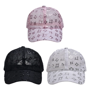 Breathable mesh baseball caps for women with sparkling sequins in pink, black, and white colors