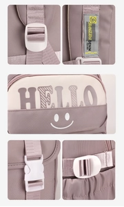 Detail view of purple student backpack showing high-quality buckles and stitching