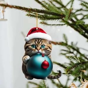 Funny acrylic cat ornament wearing a red Santa hat on a Christmas tree branch