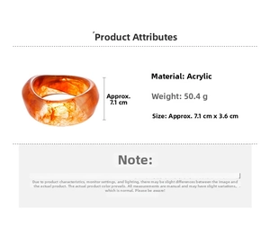 Detail view of amber acrylic bangle showing 7.1cm diameter and irregular wavy surface