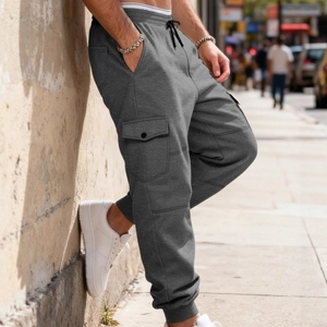 Men's dark grey fleece cargo joggers with multi-pockets and drawstring in street style