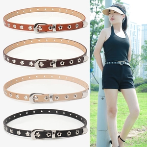 Women Faux Leather Belt With Silver Flower Eyelets Western Style Alloy Buckle Thin Waist Belt For Jeans Dresses Ladies Accessories