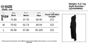 Detailed size chart for black one-shoulder high-slit dress showing S, M, L measurements