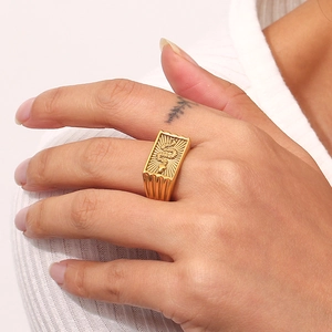 Vintage 18K gold plated stainless steel square ring with engraved snake and sun pattern