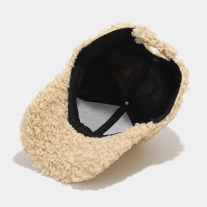 Winter beige lamb wool baseball cap for women with warm lining and adjustable strap