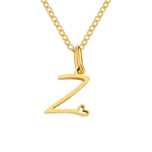 Detailed view of golden stainless steel necklace with letter Z and heart cutout detail