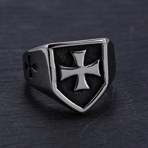 Macro shot of vintage shield ring with Maltese cross design in antique steel finish