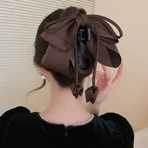 Pince à cheveux élégante en satin marron avec nœud et longs glands pour coiffure femme