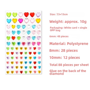 Macro detail of self-adhesive heart rhinestone stickers in assorted sizes and colors