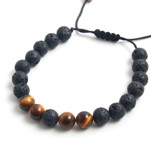 Adjustable tiger eye and black lava stone braided cord bracelet for essential oil diffusion