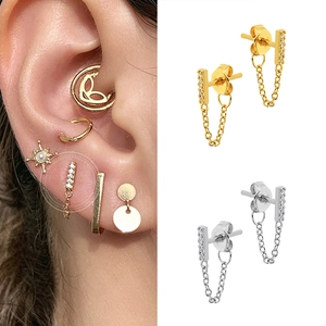 Elegant S925 silver needle T-chain tassel earrings with micro-inlaid cubic zirconia
