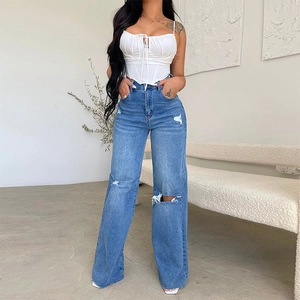 High Waisted Wide Leg Jeans Voor Dames Gescheurde Distressed Denim Broek Casual Streetwear Losse Pasvorm