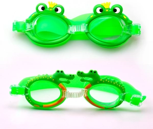 Detailed view of green frog and crocodile cartoon swimming goggles with silicone straps