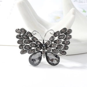 Vintage Butterfly Brooch Pin Alloy Rhinestone Hollow Wings With Crystal Droplet For Dress Suits Accessories