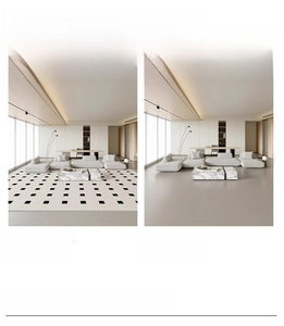 Comparison showing how the cream-white polka dot carpet brightens the modern living room space