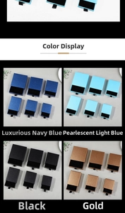 Detail view of drawer jewelry boxes in four colors and three sizes with ribbon handles