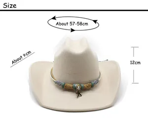 Size specifications for cream western cowboy felt hat with dimensions and woven band