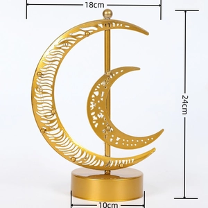 Detail showing dimensions of golden moon LED lamp: height 24cm, width 18cm, base 10cm