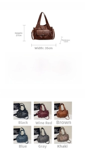 Detailed size chart for retro PU leather tote bag with dimensions 35x27x12 cm and 6 colors