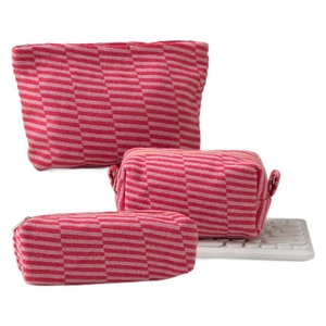 Three-piece knitted storage bag set with red striped patterns including makeup pouch and pen case