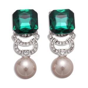 Elegant geometric drop earrings featuring a green square gemstone and dangling pearl charms