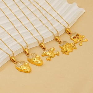 Skull Pendant Necklace Stainless Steel 18K Gold Plated With Rhinestone Punk Hip Hop Gothic Jewelry For Men Women
