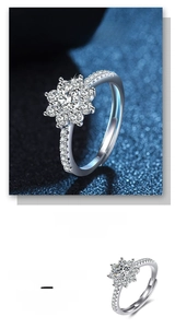 Detail of S925 sterling silver flower ring with central diamond and adjustable open band