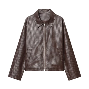 Women Woven Faux Leather Jacket Short Zip Up Lapel Long Sleeve Casual Streetwear Outerwear Coffee Solid Brown Color
