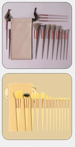 Detail of 12-piece soft makeup brush set with matching velvet storage pouches
