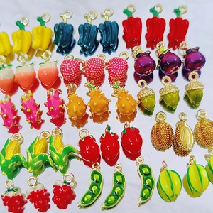 Assorted colorful enamel fruit and vegetable charms with gold rings for DIY jewelry