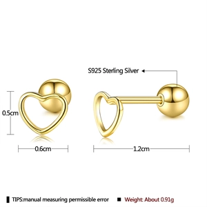 S925 sterling silver hollow heart stud earrings with dimensions and gold plating detail