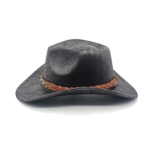 Cappello da cowboy nero retrò con trama in pelle screpolata e fascia in turchese