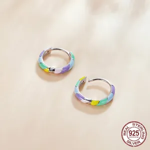Elegant s925 sterling silver hoop earrings with colorful rainbow enamel and white gold plating