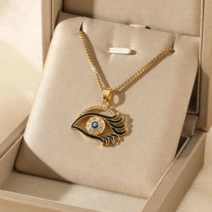 Stainless Steel Heart Evil Eye Pendant Necklace Gold Box Chain Enamel Rhinestone Eyelash Clavicle Chain Jewelry For Women