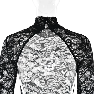 Close-up of black lace high neck bodysuit back featuring buttons and hollow floral pattern