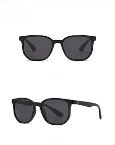 Front and 45-degree side views of black square polarized sunglasses on white background