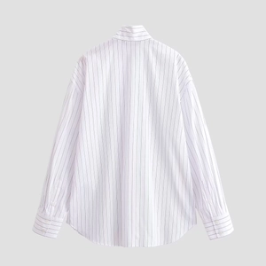 Flat lay back view of a slim fit long sleeve striped shirt with buttoned cuffs