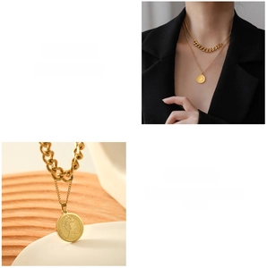 Detail of layered gold coin necklace with portrait pendant and thick Cuban chain link