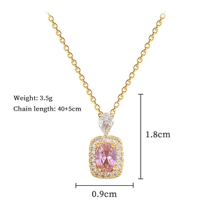 Detailed dimensions of gold pearl square necklace with pink gemstone pendant and chain length