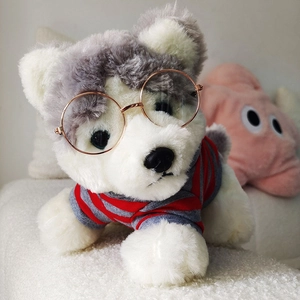 Cute husky plush toy with metal round glasses and striped shirt for pet accessories