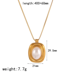 Detailed view of oval faux pearl pendant necklace with exact size and weight dimensions