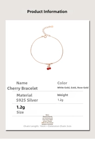 Detail view of S925 silver cherry bracelet in rose gold finish with 3cm extension chain