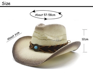 Dimensions détaillées du chapeau de cowboy en paille beige avec perle turquoise