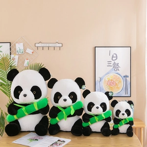 Adorable giant panda plush toy collection holding green bamboo in four sizes gift