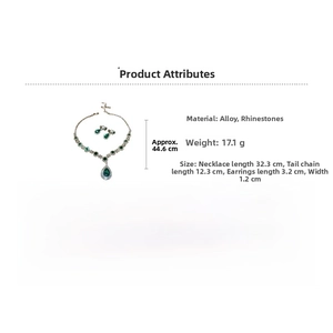 Detail of emerald waterdrop pendant necklace and earrings set with alloy materials