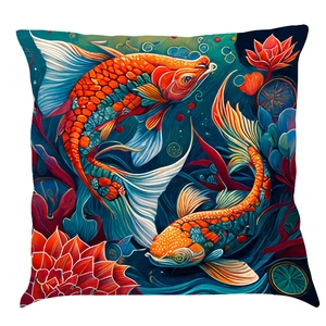 Artistic detail of linen cushion cover featuring red fish and floral ocean patterns