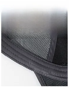 Detail of the camouflage mesh cap showing breathable fabric and wide moisture-wicking sweatband