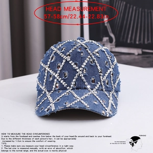 Detailed size chart showing 57-58cm head circumference for denim rhinestone baseball cap