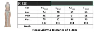 Size chart for rhinestone chain evening gown with measurements for XS to L sizes