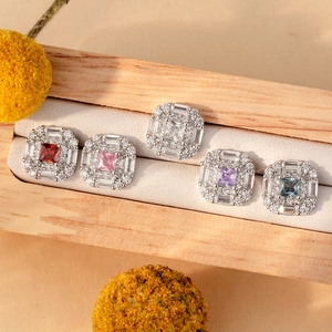 Titanium steel square stud earrings with colorful zircon stones in five vibrant colors